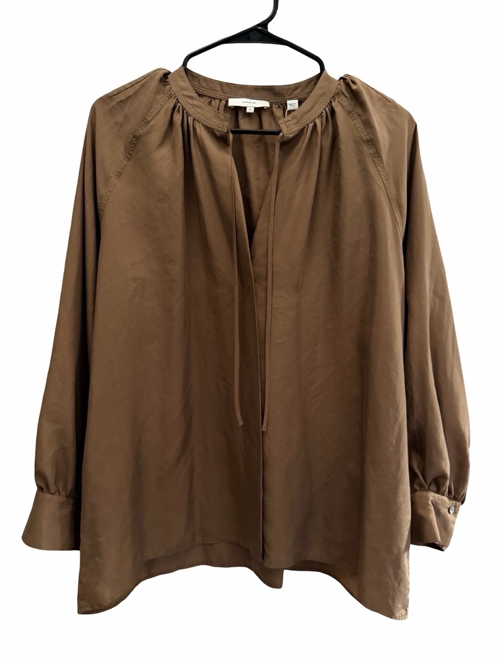 Vince Silk Poetic Popover Brown Tie-Neck Peasant Blouse Sz M Quiet Luxury Office